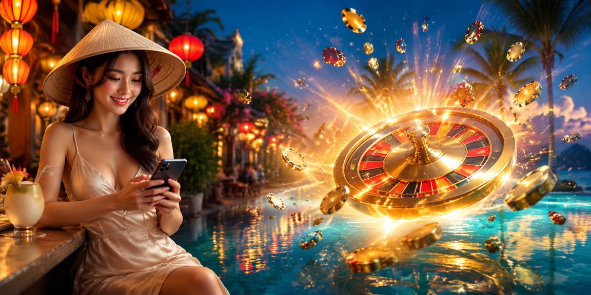 Bàn roulette phong cách Việt Nam với hình ảnh nón lá – kết hợp giữa casino hiện đại và văn hóa truyền thống